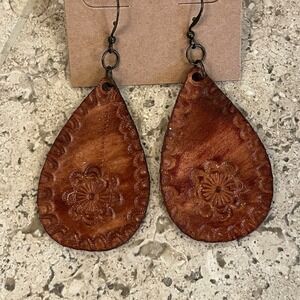 Handmade Tooled‎ Leather Teardrop Earrings Floral Embossed Boho Dangle Women